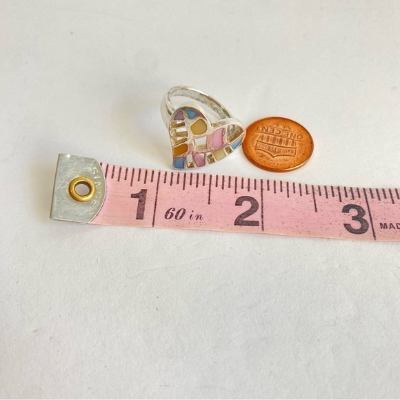 Vintage Sterling Silver Heart Ring Mother Of Pearl Cutout Pink Blue Y2K Size 9 - Picture 11 of 12